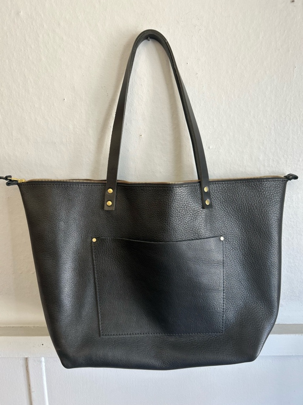 Classic Black Pebbled Leather Tote with Front Pocket